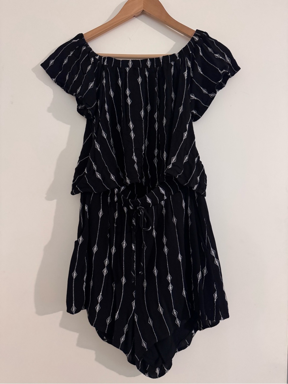 Lush Black Off-Shoulder Striped Romper